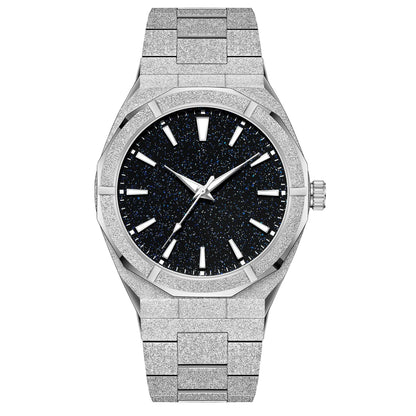 Men's frosted stainless steel business watch with luminous hands on a black dial.