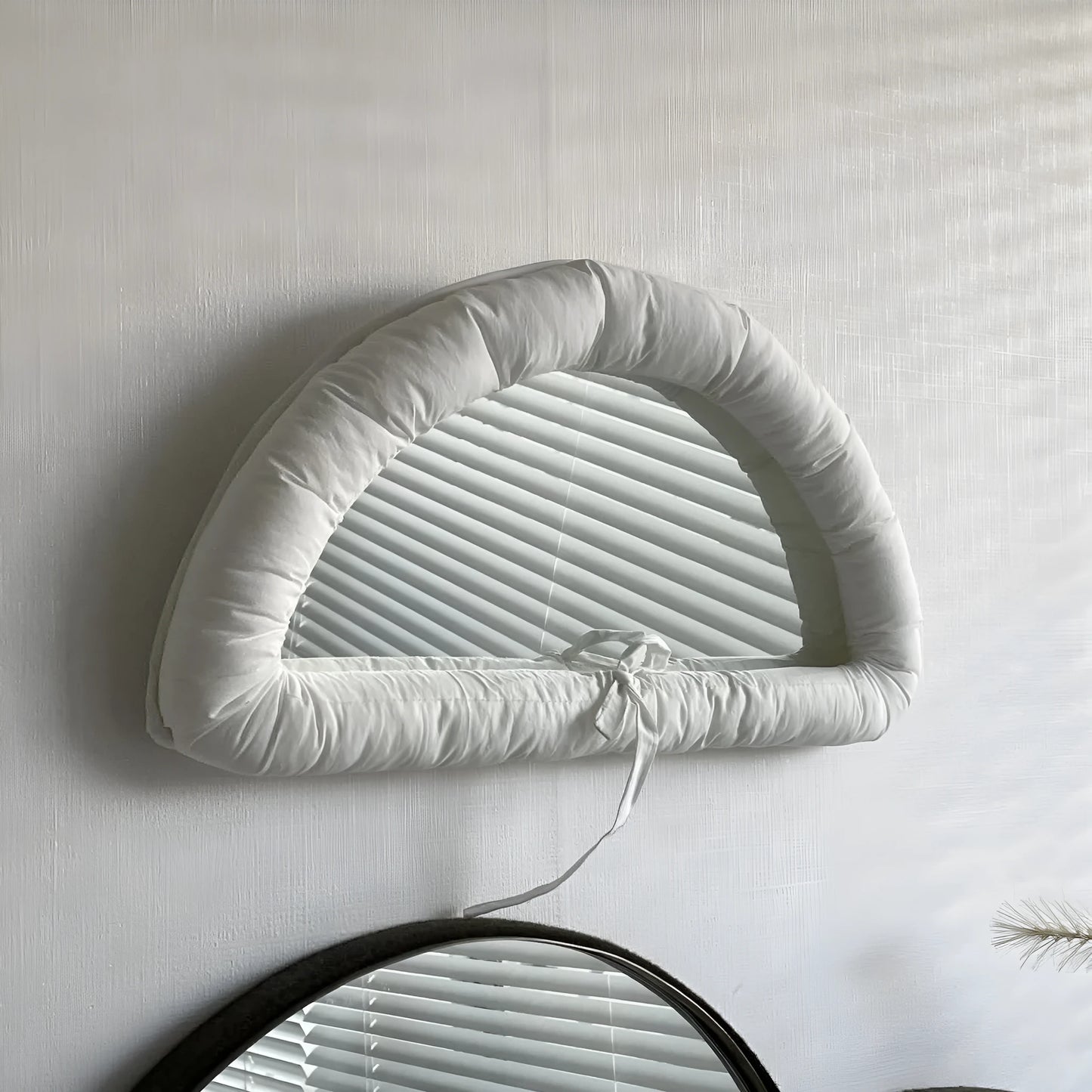 Hanging soft cotton-filled fabric mirror panel in solid colour, shown in white, black, and sapphire blue options.