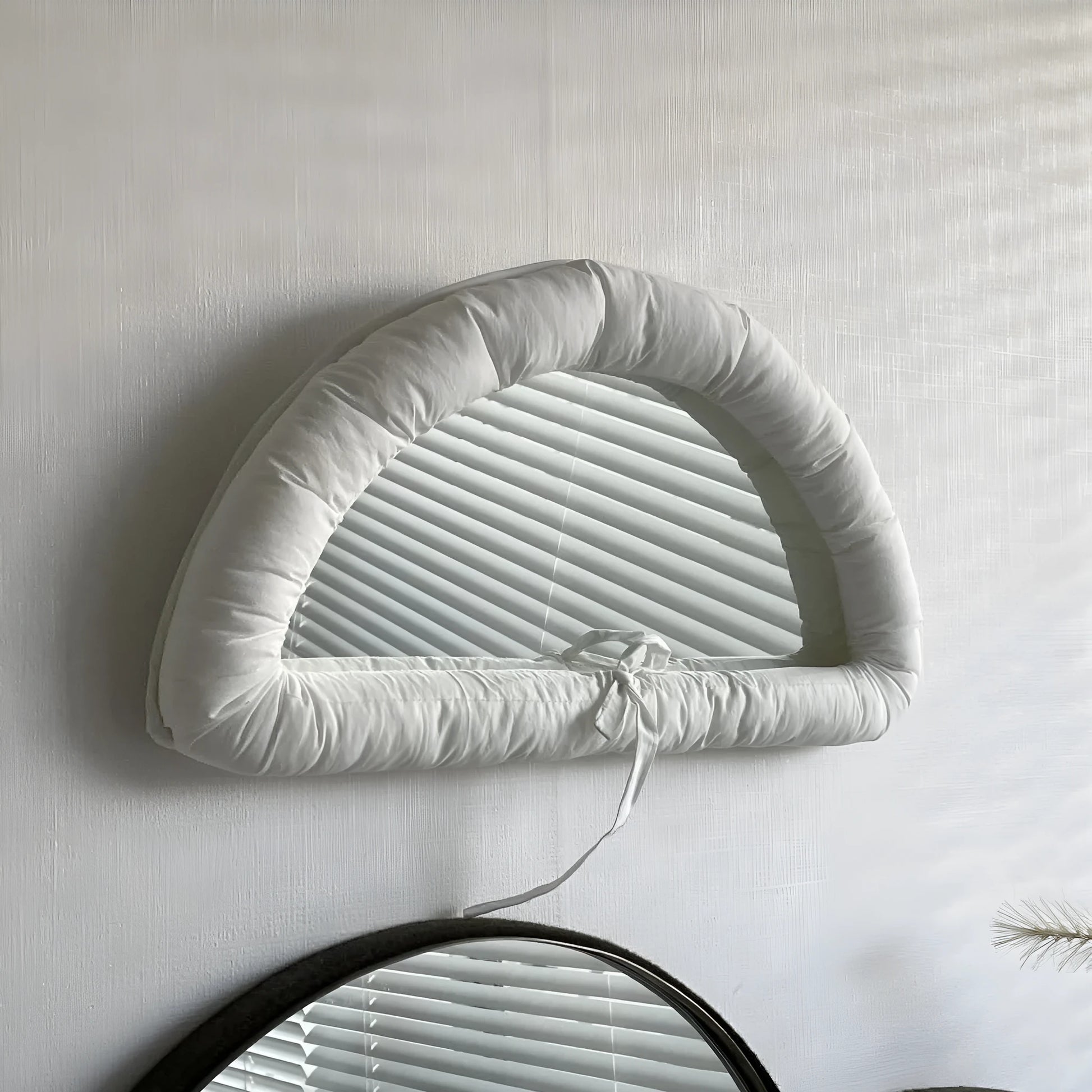 Hanging soft cotton-filled fabric mirror panel in solid colour, shown in white, black, and sapphire blue options.