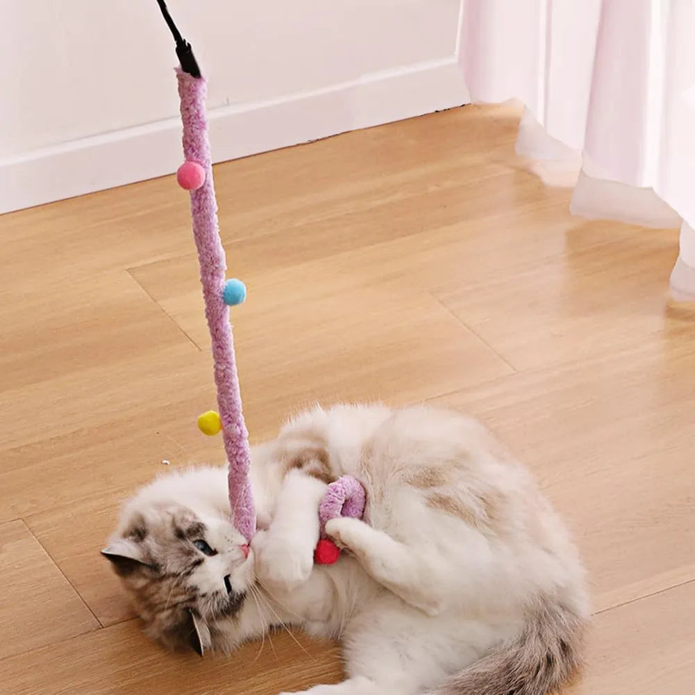 Interactive cat wand toy with plush strip, fluffy ball, and bells on a 41cm pole.