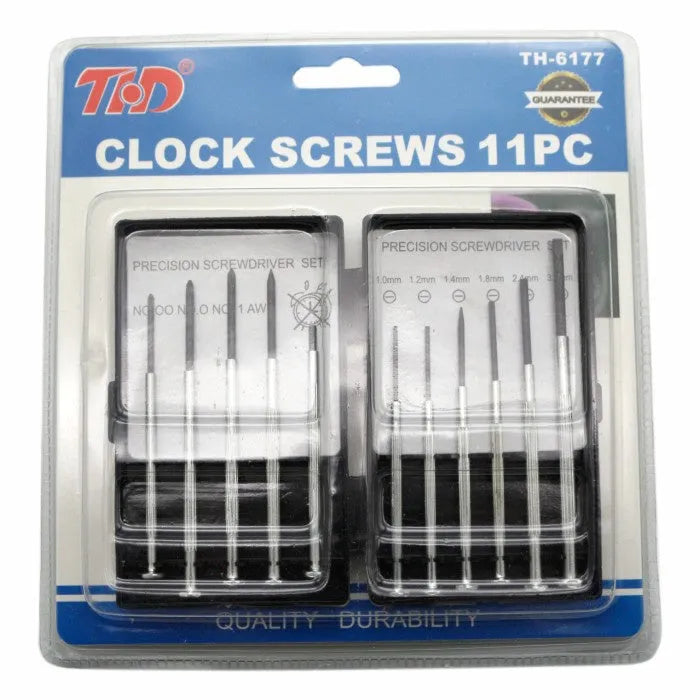 TH-6177 11-piece clock screwdriver set with alloy heads and non-slip handles.