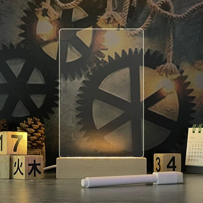 Customizable LED message board with warm lighting, acrylic design, and included erasable pen for personalized notes and artwork