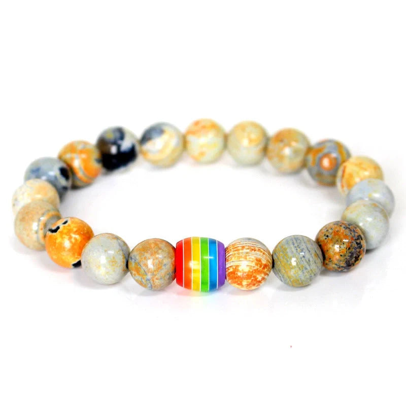 Pride Rainbow Bead Bracelet with natural stones, celebrating diversity and love