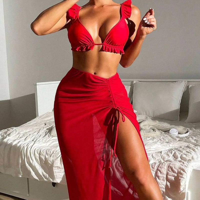 Women's printed split swimsuit set with skirt style bikini in polyester three-piece design available in colourful, brown, red, white, sapphire blue and orange for beach or pool wear in sizes S, M, L, XL, XXL and XXXL with Asian sizing guidance