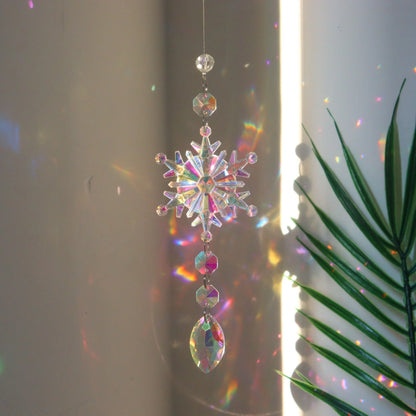 Snowflake Crystal Sun Catcher with intricate design and iridescent AB color finish, creates a mesmerizing kaleidoscope of colors
