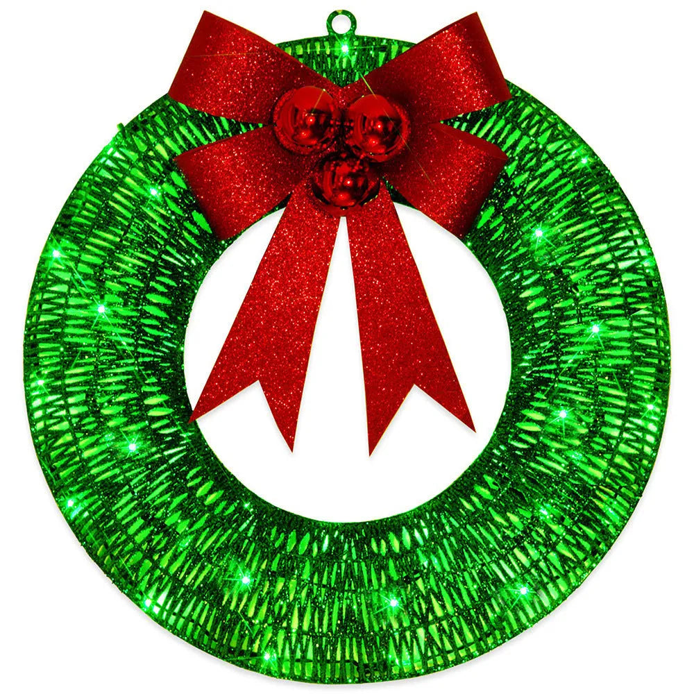 50cm gold and green LED Christmas wreath with fabric bowknot decoration