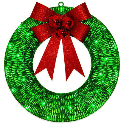 50cm gold and green LED Christmas wreath with fabric bowknot decoration