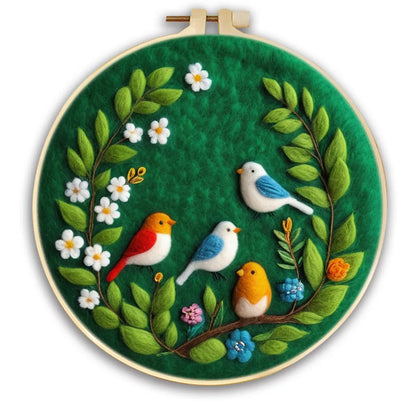 Round three-dimensional embroidery kit with linen fabric, wool felt pieces, and embroidery frame for 20x20 cm blanket painting