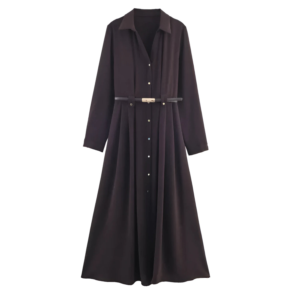 Women's minimalist shirt dress with belt, long sleeves, mid waist, pleated asymmetrical short skirt, nylon, XS to L