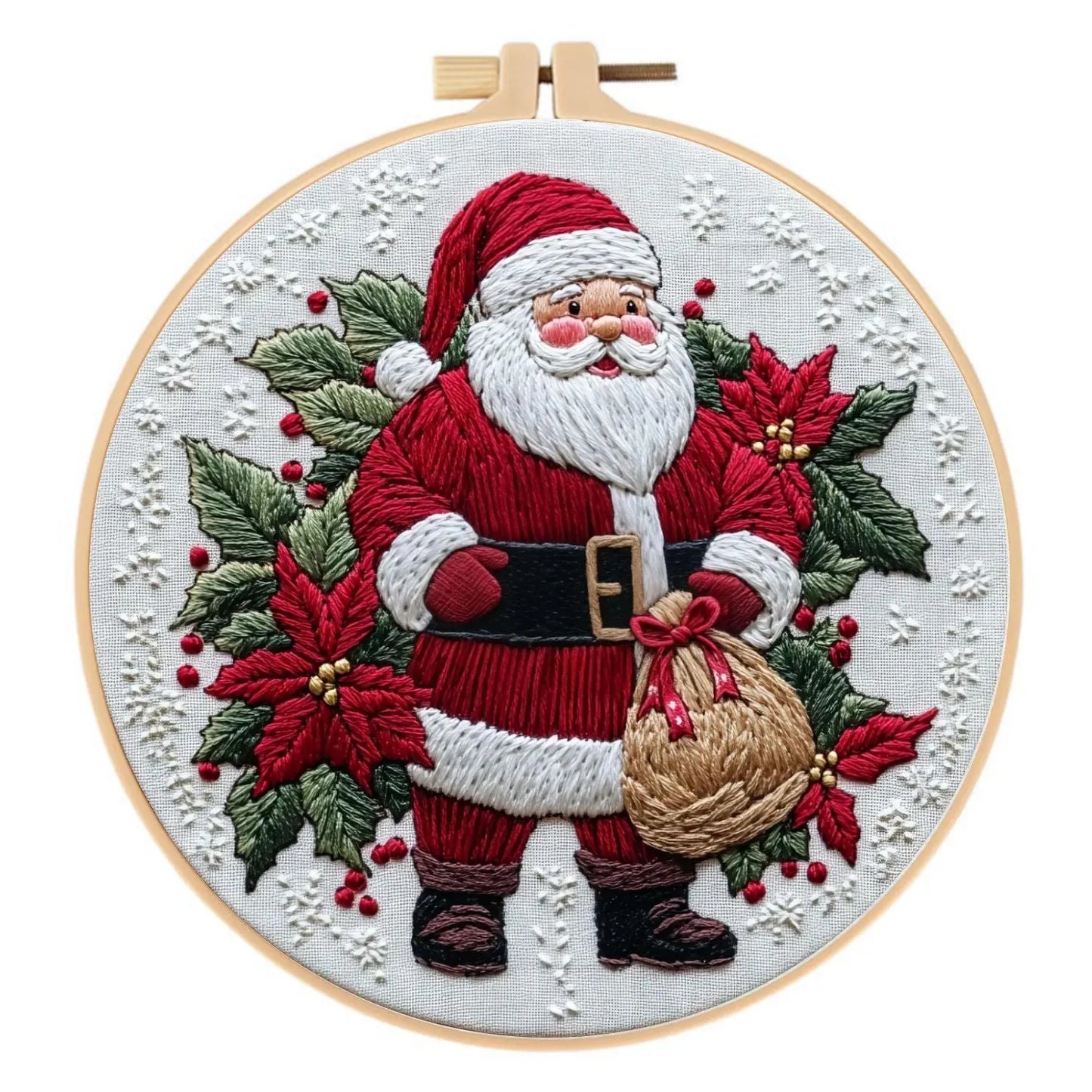Santa Claus embroidery fabric kit showing 28x28cm cotton linen cloth with landscape pattern