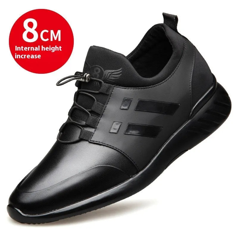 Men's black casual sneakers with a hidden internal heel lift, available in leather, Lycra and mesh upper options.