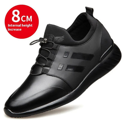 Men's black casual sneakers with a hidden internal heel lift, available in leather, Lycra and mesh upper options.