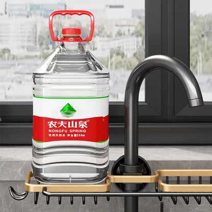 Space aluminium kitchen sink rack and drain basket with no-punch fitting, shown in silver or black single or double with towel bar