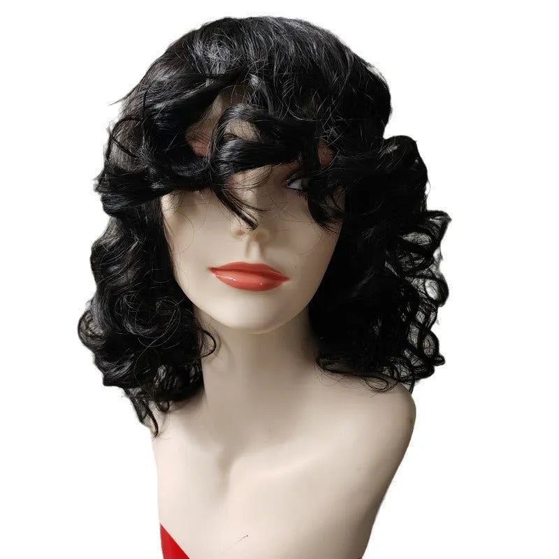 Black synthetic Afro wig with long curly texture on display stand