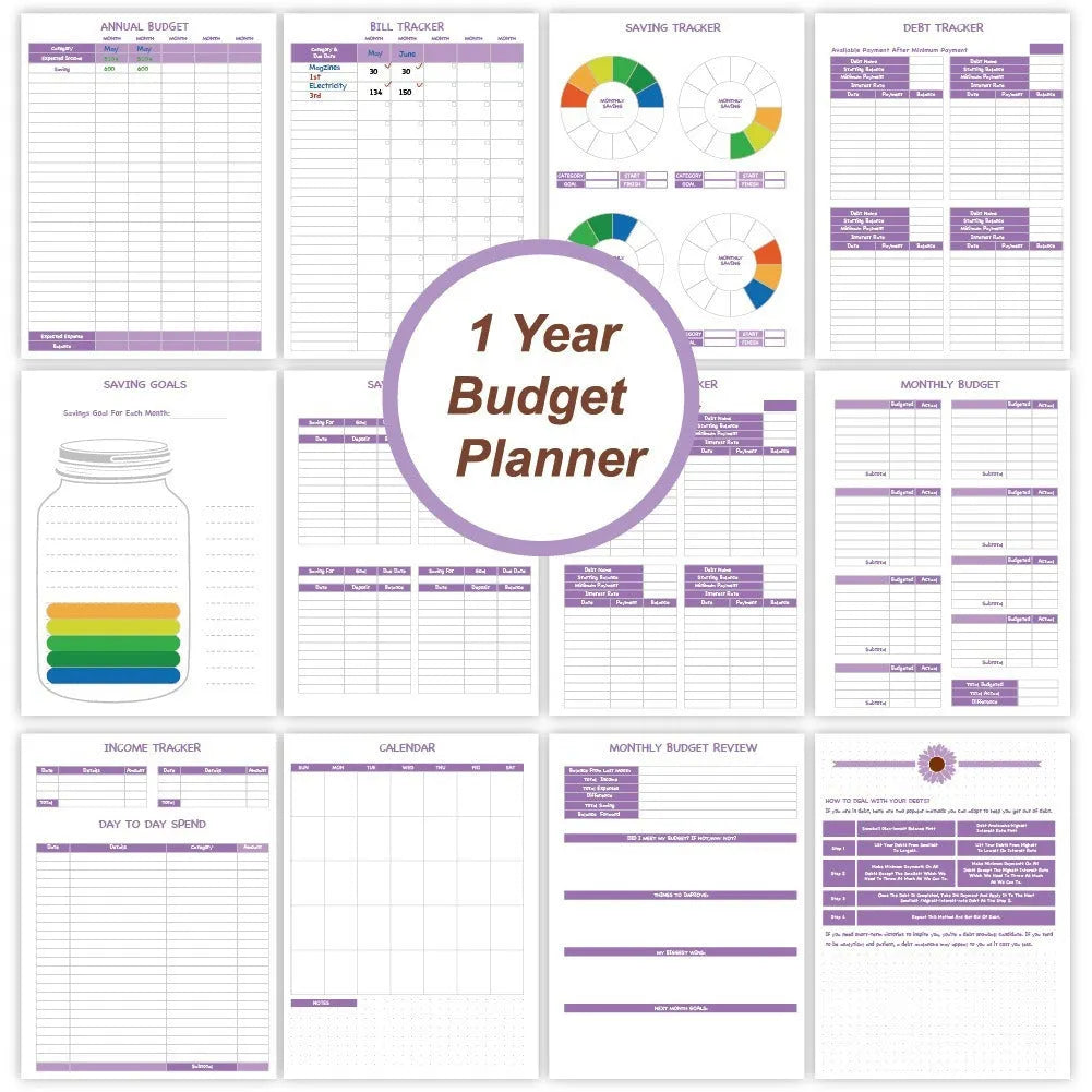 Purple coil-bound A5 budget notebook with pen, stickers and paper clips for financial planning