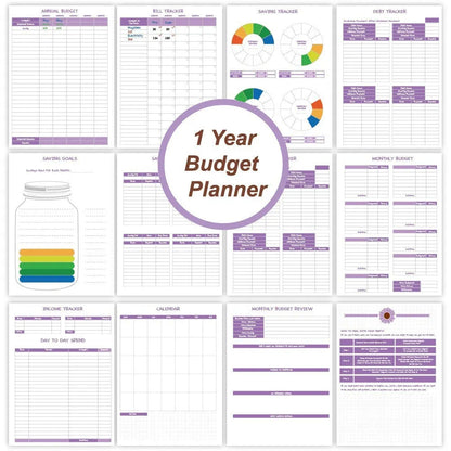 Purple coil-bound A5 budget notebook with pen, stickers and paper clips for financial planning