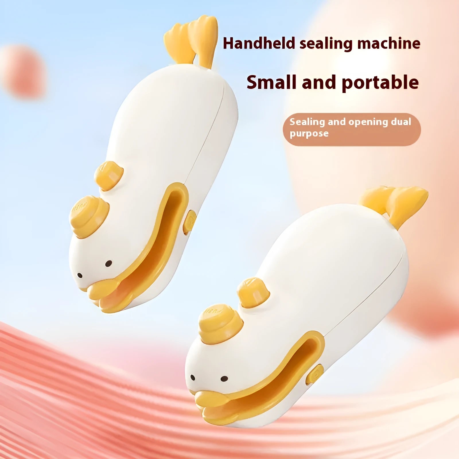 Small yellow duck shaped rechargeable handheld sealing machine with USB cable.