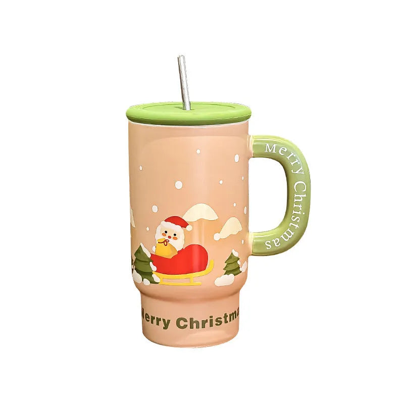 800ml white porcelain ceramic Christmas mug with cartoon pattern and cylindrical single-layer body