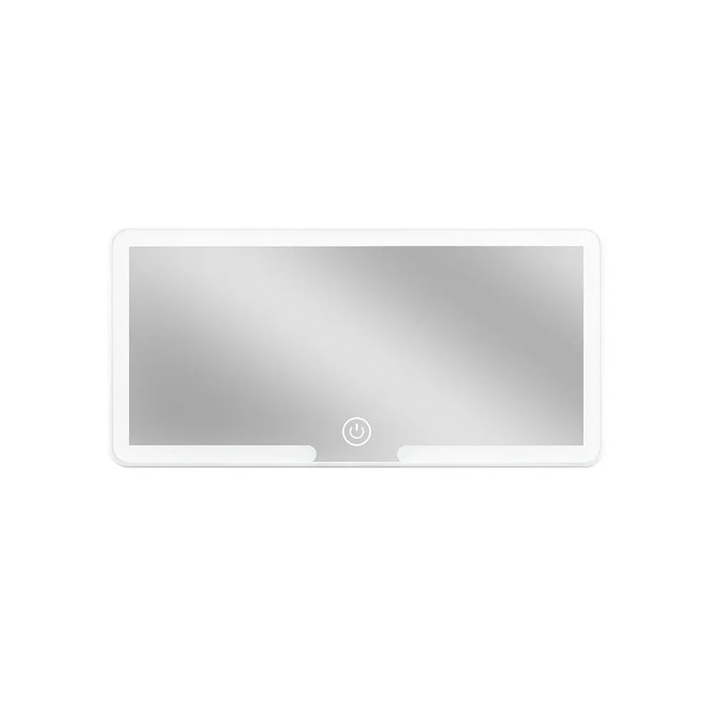 Automotive LED makeup mirror mounted on a car sun visor, showing its slim profile and large reflective surface.