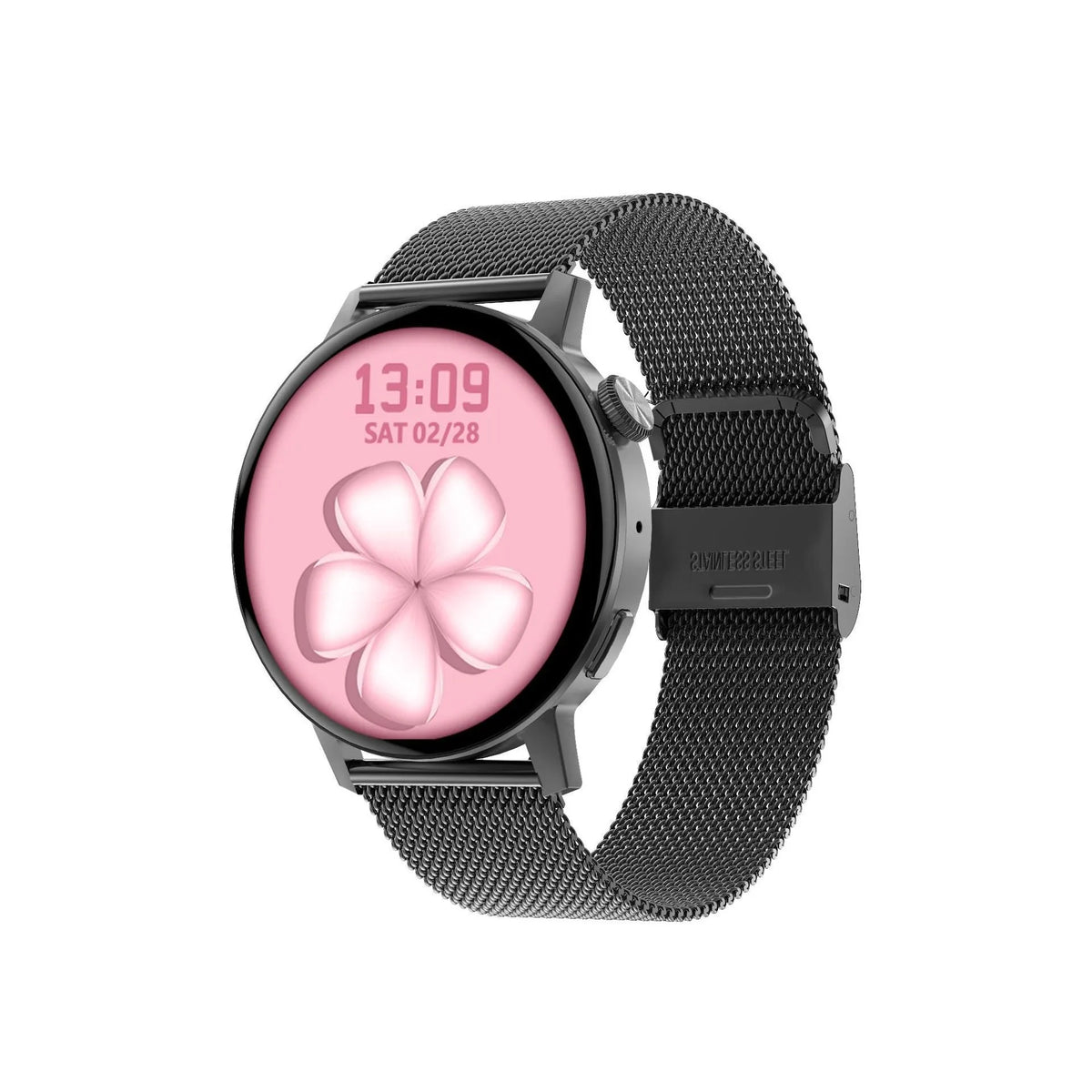Simple metal smartwatch with black silicone strap and 1.45-inch screen displaying heart rate.