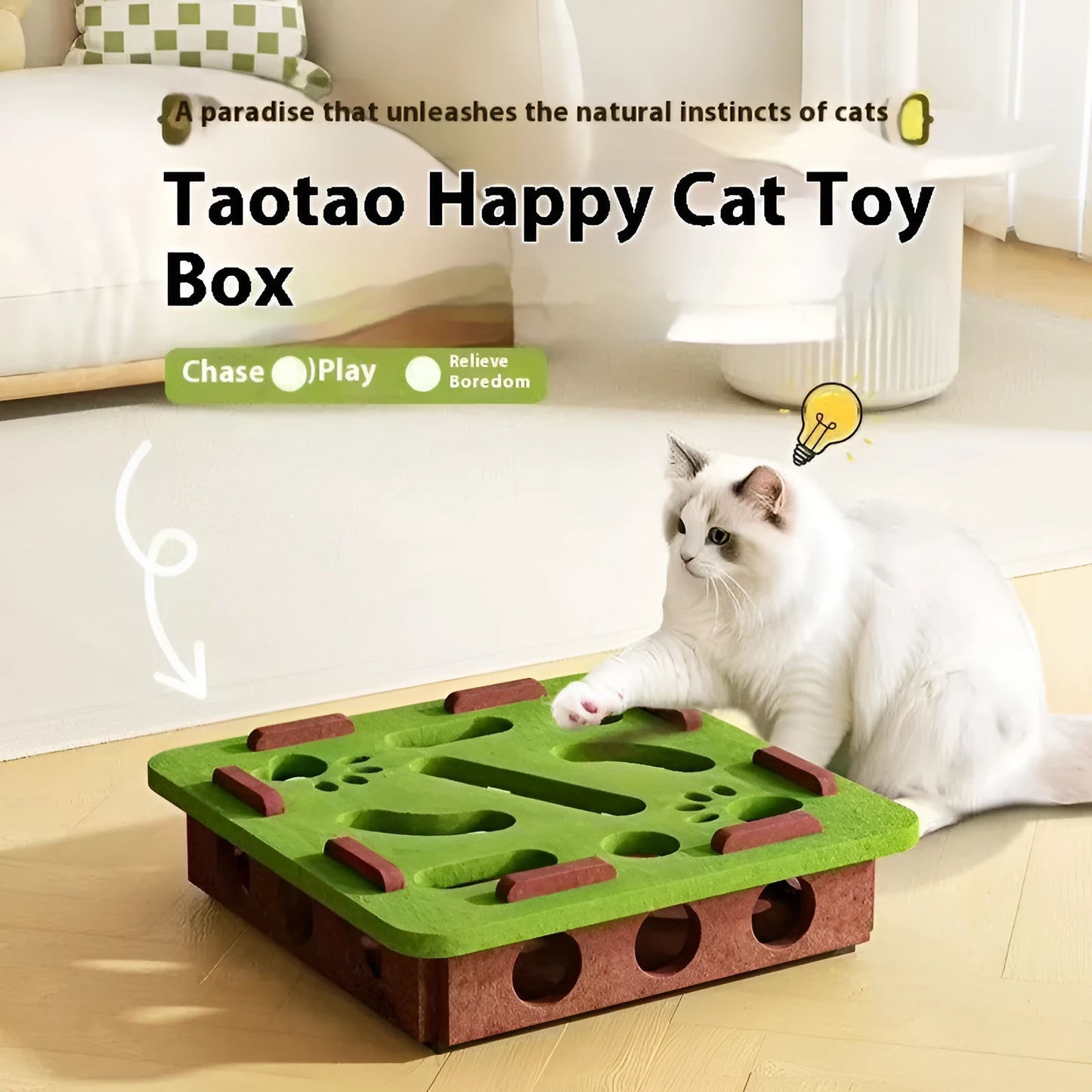 Green brown felt box cat toy with paw holes measuring 30 x 30 x 7.5 cm