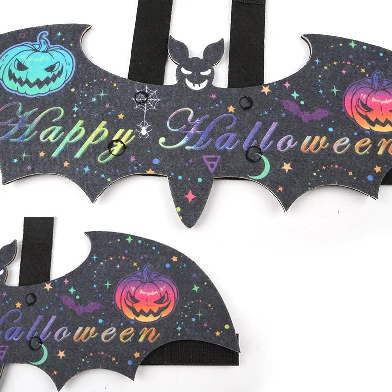 Halloween pet batwing cat costume in felt material available in sizes S and M with pumpkin bat, white ghost bat, red ghost bat designs featuring optional bell accessories