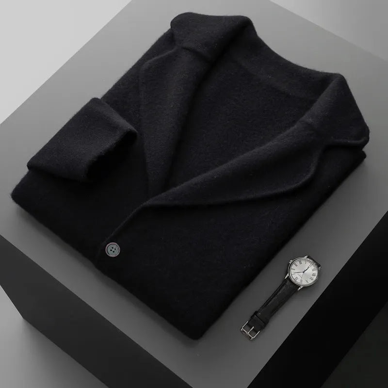 Men's cashmere lapel collar cardigan jacket in light gray colour showing loose fit and knitted texture