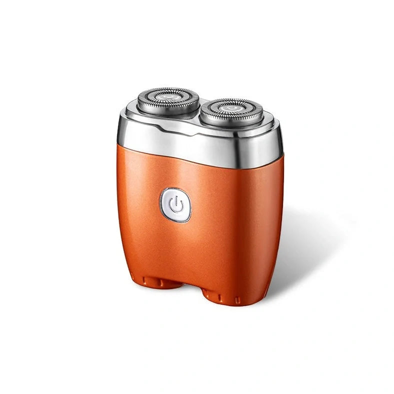 Silver portable electric shaver with floating double cutter heads, USB charging port, and rubberised grip