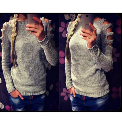 Women's white knitted shirt with hollow-out crochet pattern, round neckline, and long sleeves