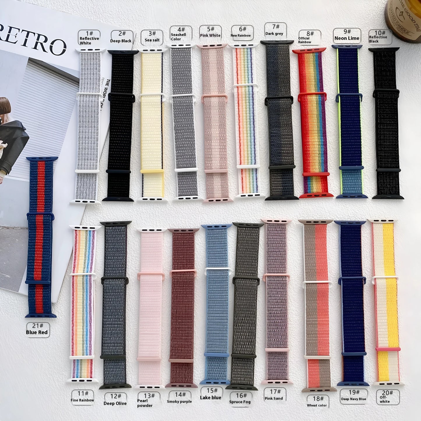Woven nylon Apple Watch strap in multiple colour options on a watch case