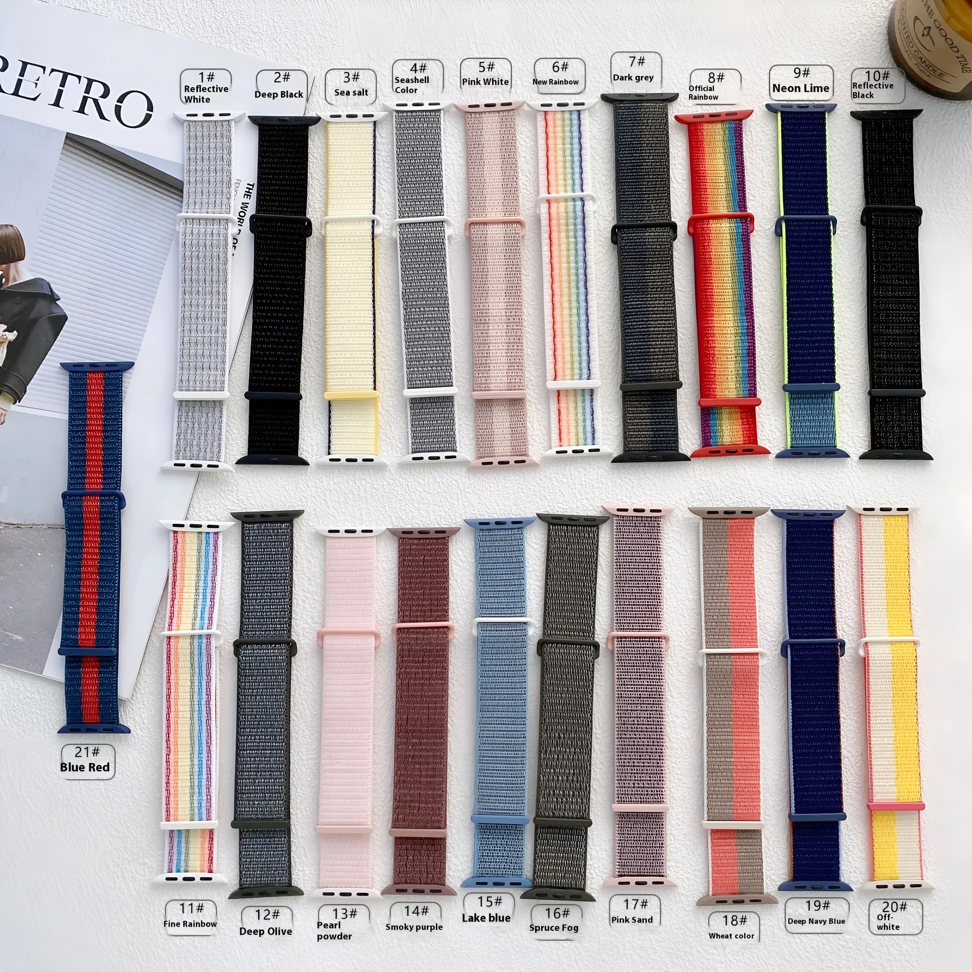Woven nylon Apple Watch strap in multiple colour options on a watch case