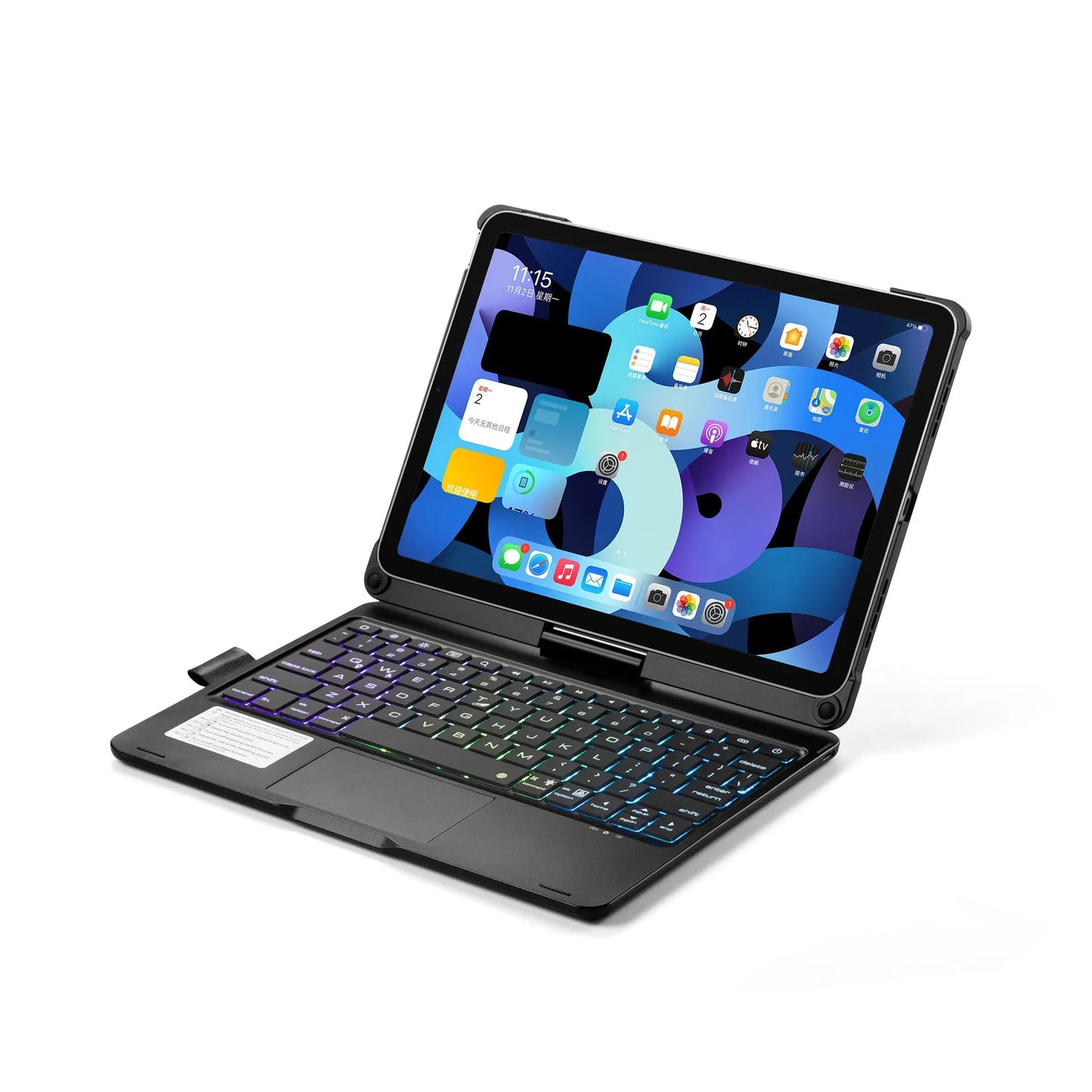 Rotating Bluetooth keyboard with touch backlight for iPad in black, rose gold, or silver colours