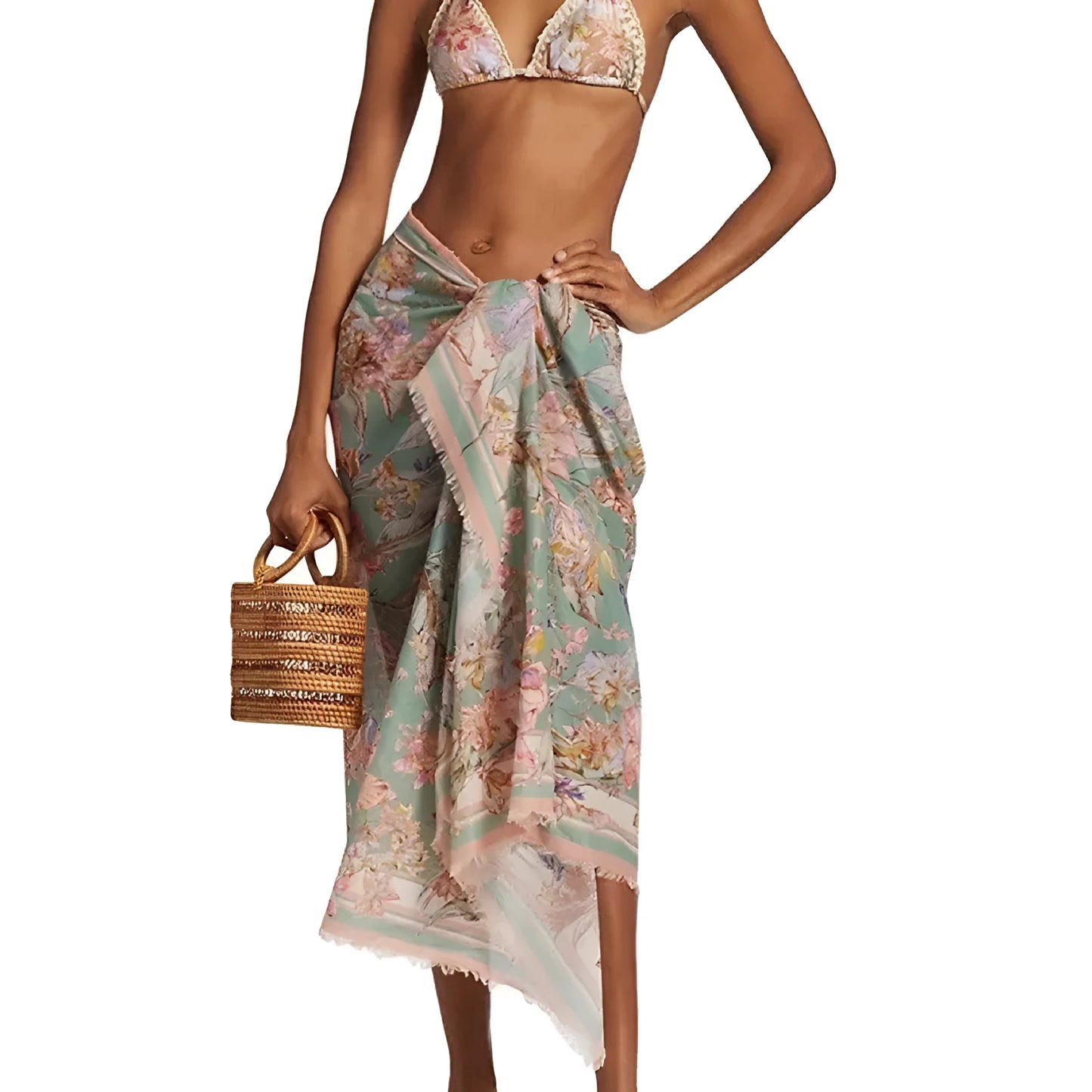Women's creamy-white floral bikini suit with detachable skirt for beach and water sports