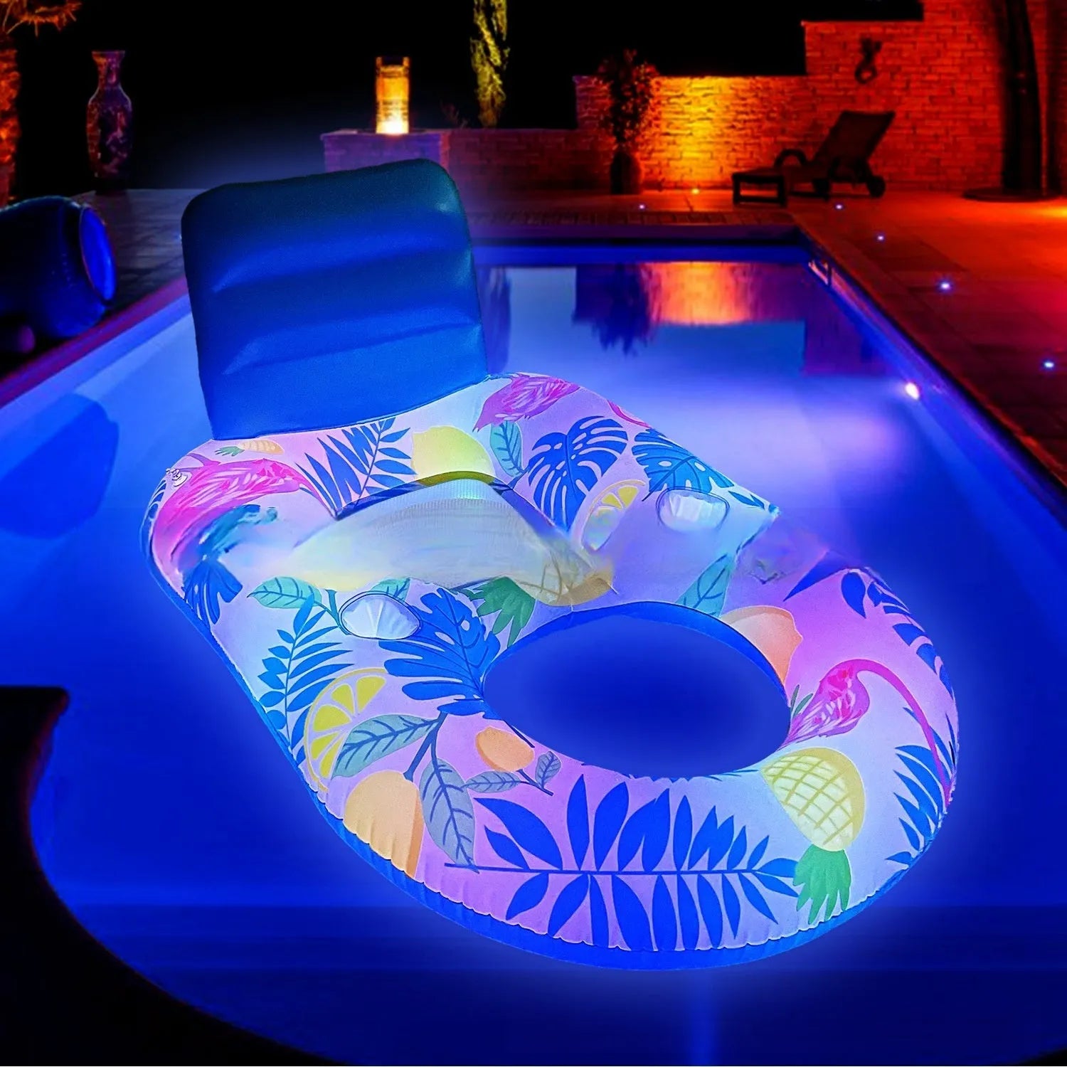 White luminous inflatable floating bed with backrest recliner seat in swimming pool