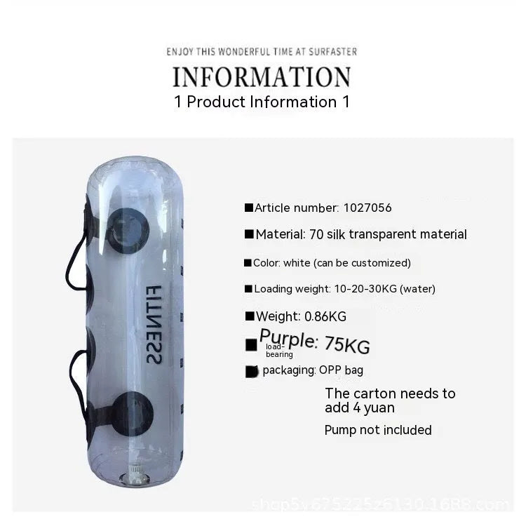 Transparent PVC inflatable water weight bag for adjustable strength training from 5kg to 35kg.