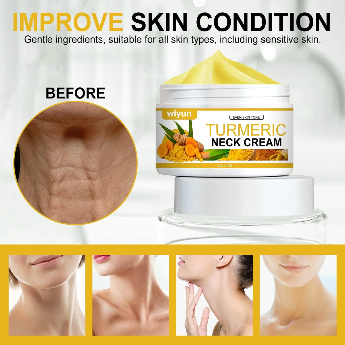 30g turmeric neck cream container for neck line treatment with hyaluronic acid and collagen