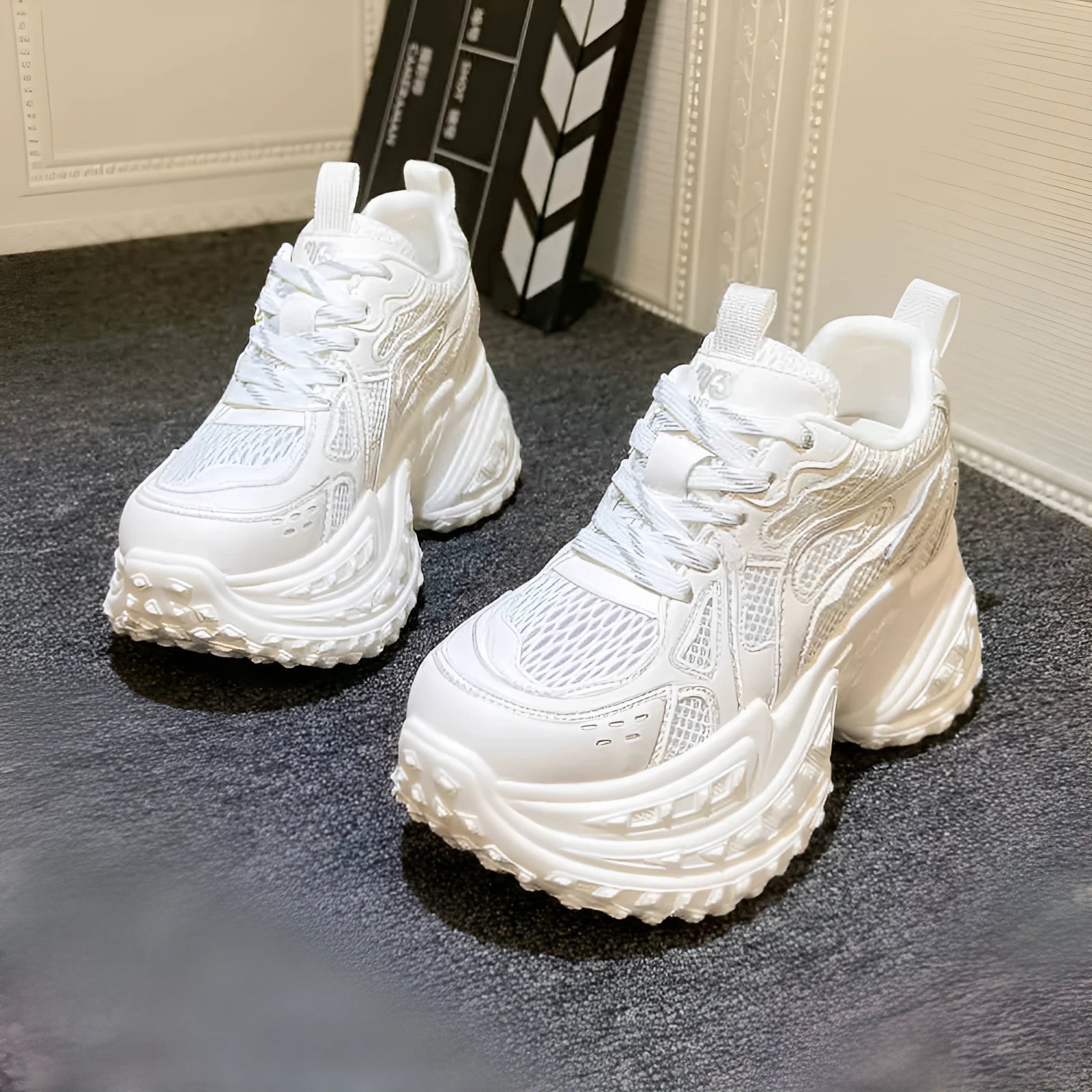 Women's white height increasing lace-up trainers with round toe and PU leather upper