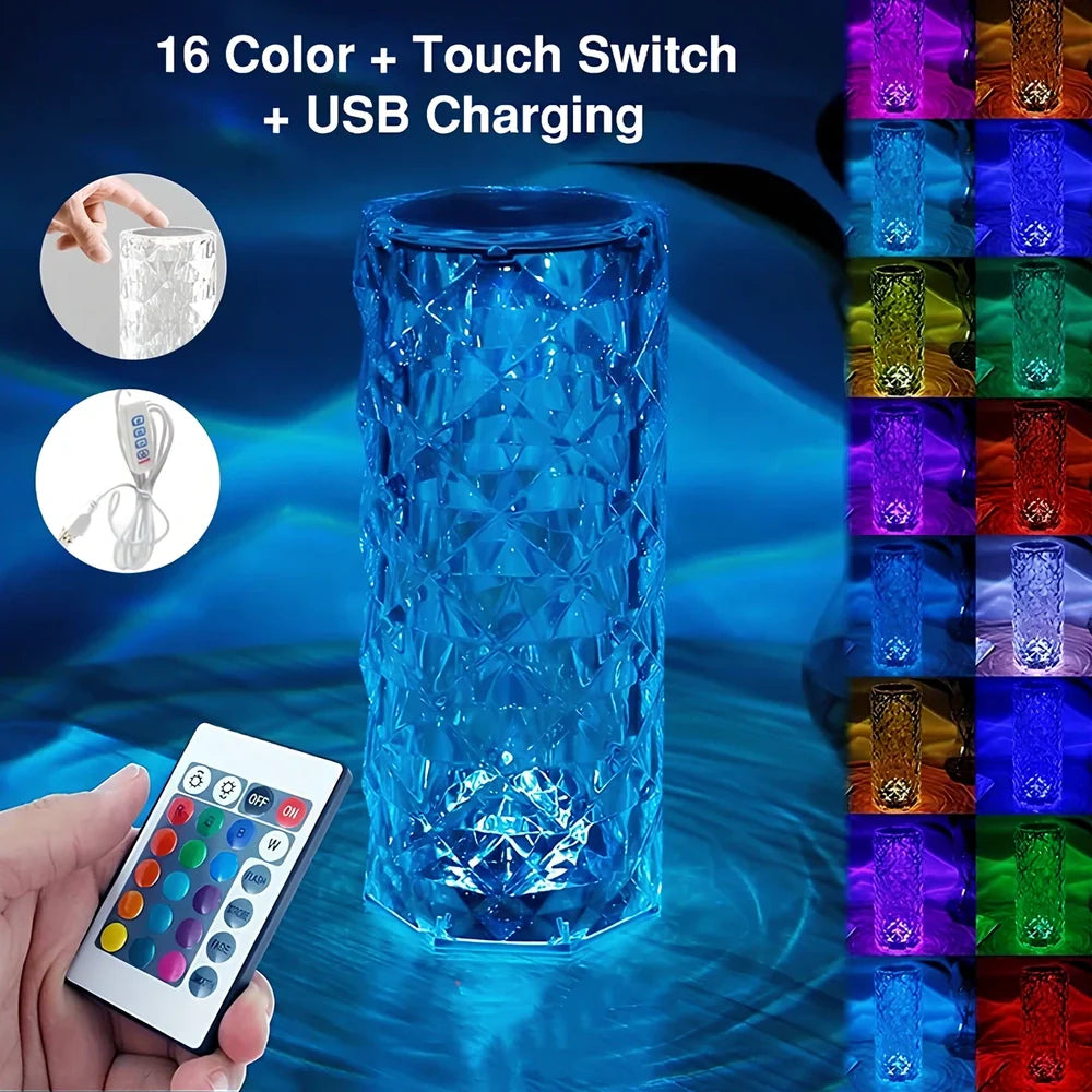 Compact 6.22in LED crystal rose table lamp in pink hue with touch base and USB cable