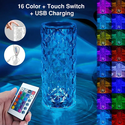 Compact 6.22in LED crystal rose table lamp in pink hue with touch base and USB cable