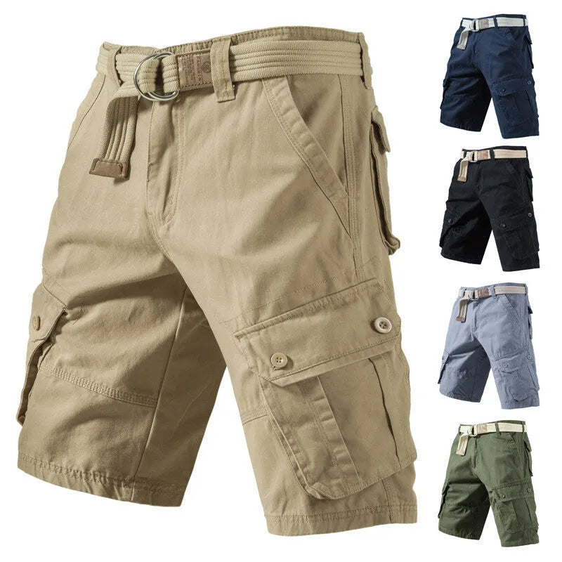 A pair of loose-fit cargo shorts in army green cotton-polyester fabric for summer, shown with multiple pockets.