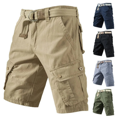 A pair of loose-fit cargo shorts in army green cotton-polyester fabric for summer, shown with multiple pockets.