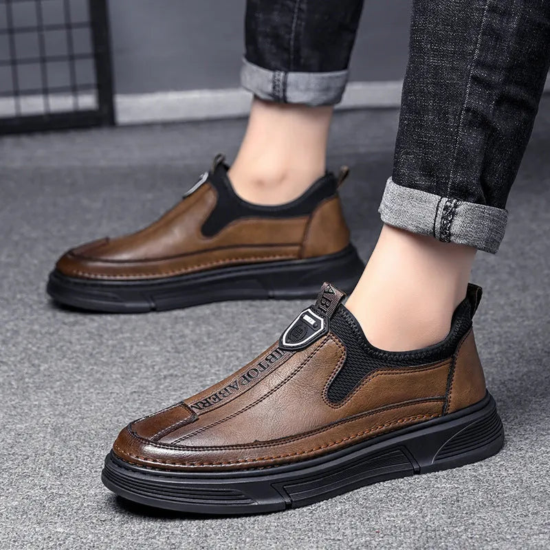 Men's black and brown leather casual shoes with round toe design