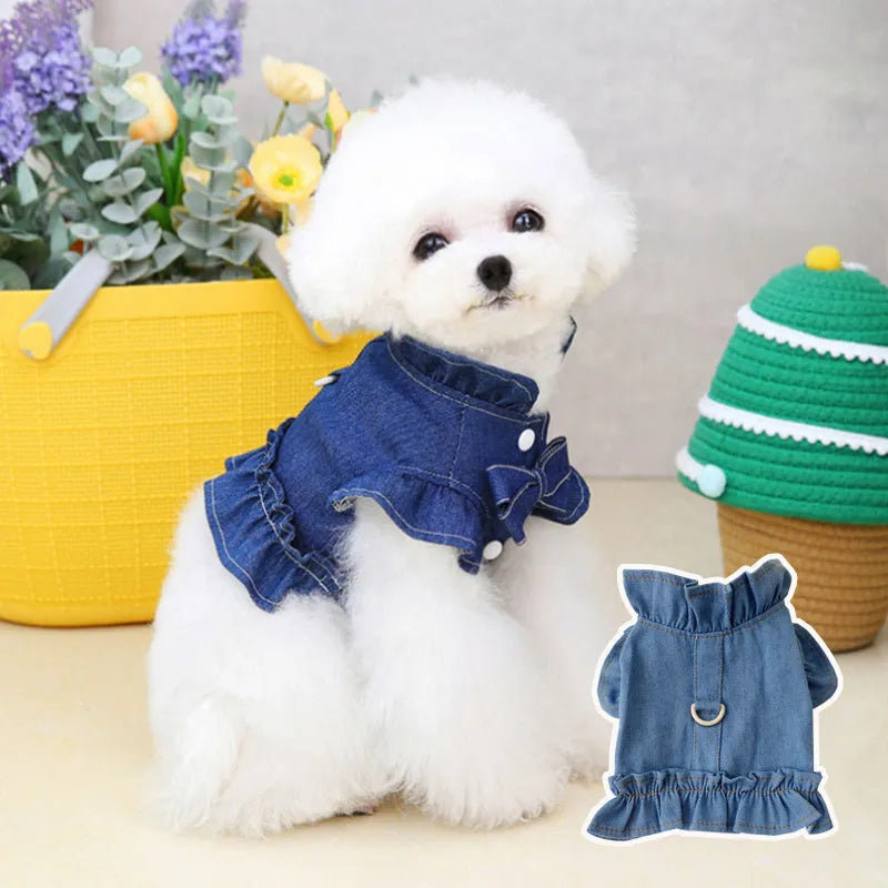 Blue denim pet dress with ruffles and back harness hook for dogs and cats