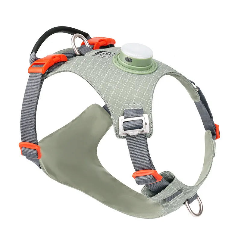 Adjustable dog chest harness with integrated LED safety light in multiple colour options