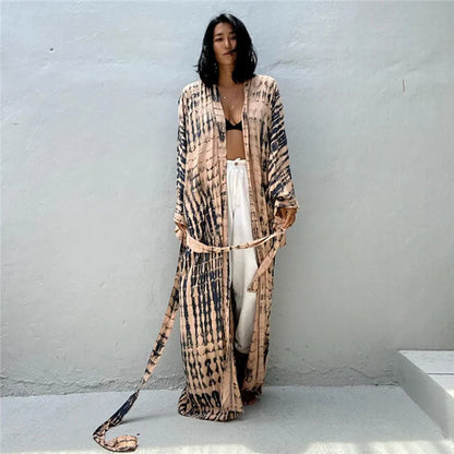 Printed loose beach cover-up shirt with long sleeves in cotton fabric for sun protection