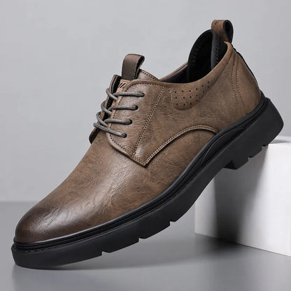 Men's black and brown leather shoes with rubber sole and sewing line detail for business and casual wear