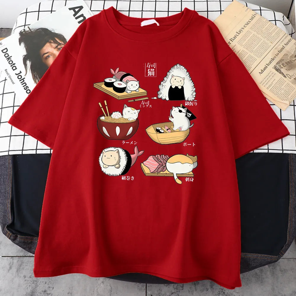 Man wearing a black loose-fit cotton t-shirt with a colourful cute cat sushi cartoon print on the front.