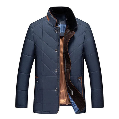 Men's solid colour winter padded coat in dark blue, shown with side seam pockets.
