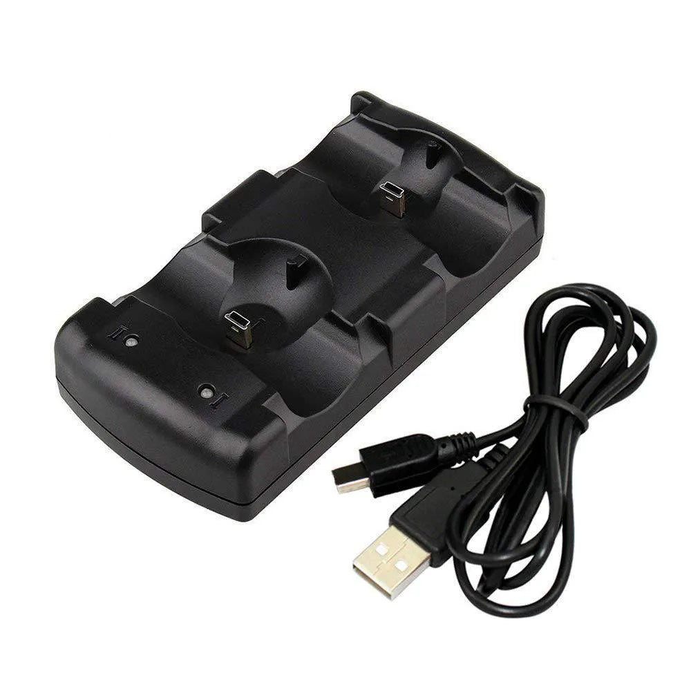 Black PS3 dual charging dock and stand for wireless controllers with USB port.