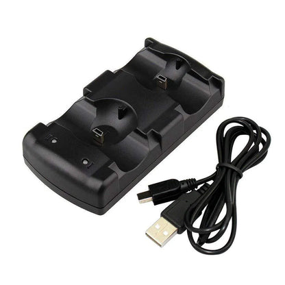 Black PS3 dual charging dock and stand for wireless controllers with USB port.